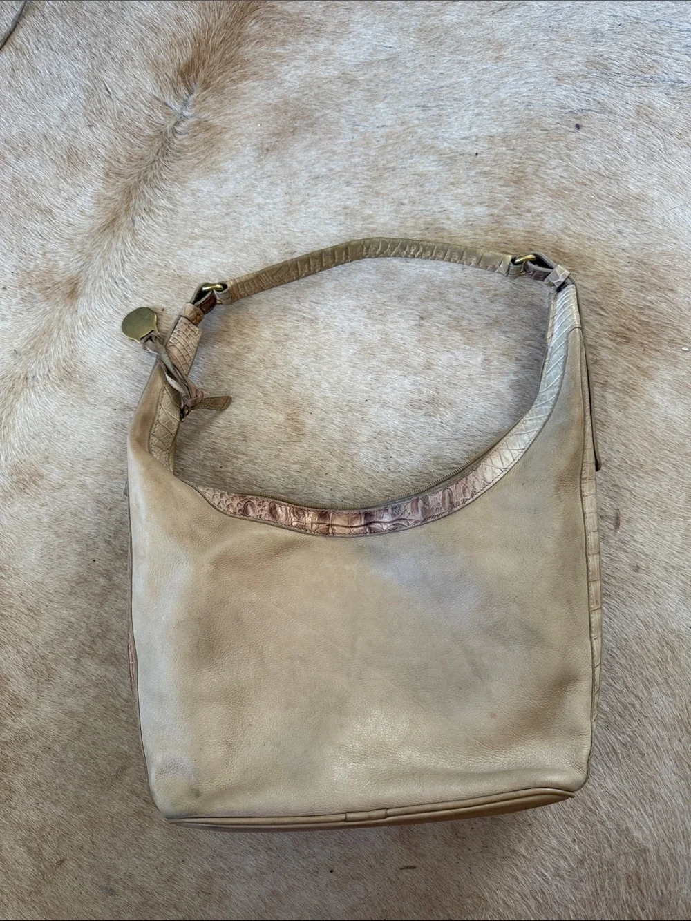 Vintage Brahmin Beige Leather Hobo Shoulder Bag Croc Trim Quiet Luxury
